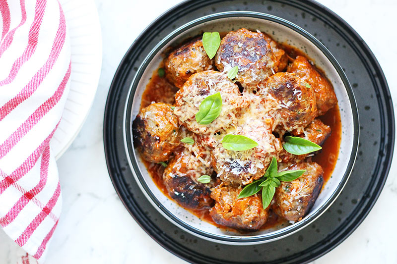 meatballs, basil, cheese