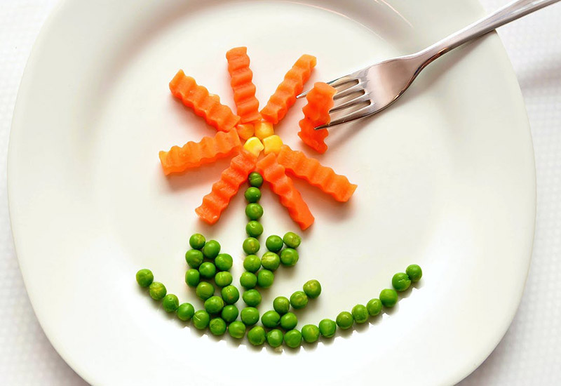 peas, carrot, corn, food, plate, fork